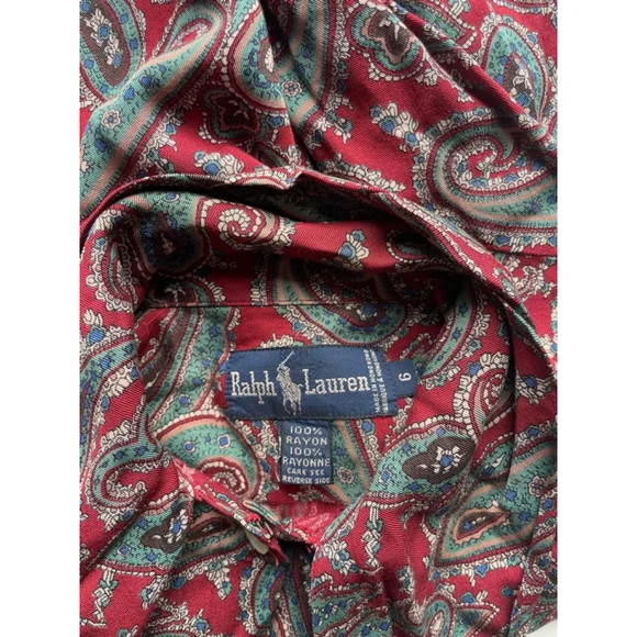 Ralph Lauren Paisley Tie Neck Blouse Red Vintage Silk Feel Top Size 6 - Picture 7 of 7
